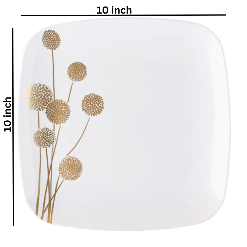 Plastic Dandelion Square Plates 10″ Fancy Disposable Dinner Plate White/Gold. Tablesettings Blue Sky