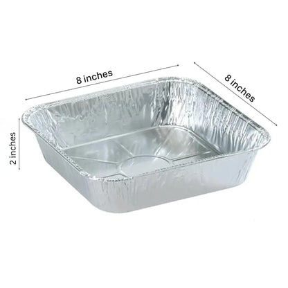 Aluminum foil pan with dimensions labeled on a white background