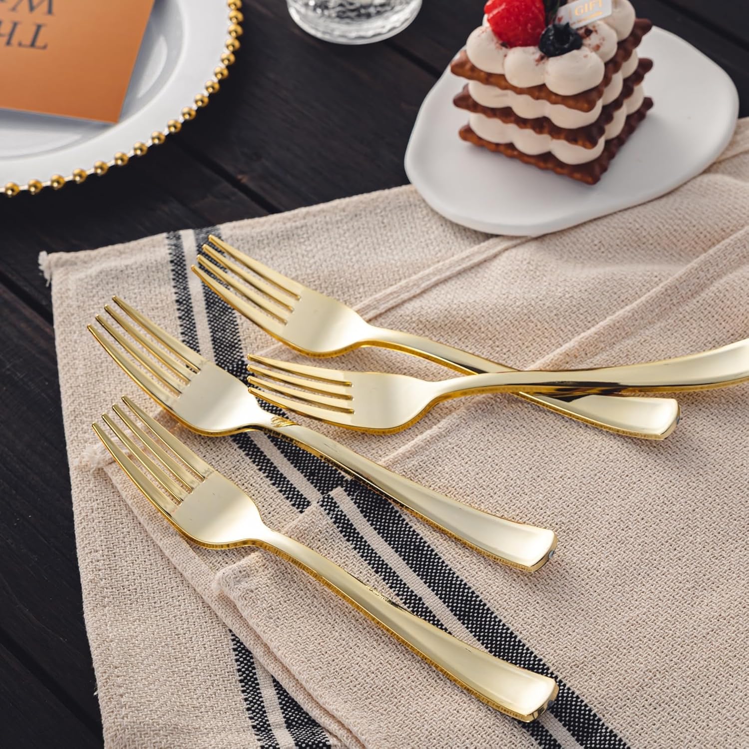 Cutlery Silverware Extra Heavyweight Disposable Flatware Forks Gold Tablesettings Lillian   