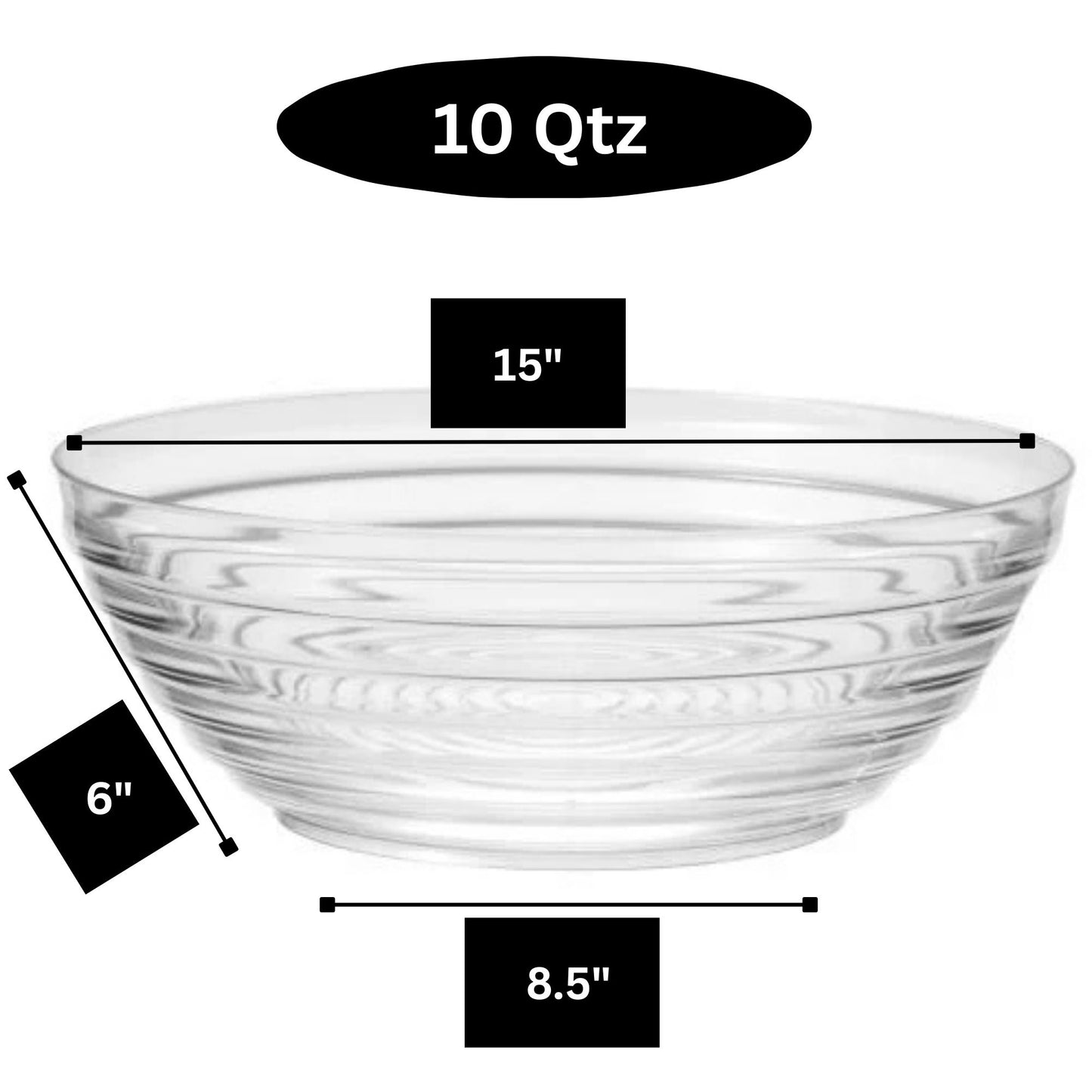 Clear glass bowl with dimensions labeled on a white background
