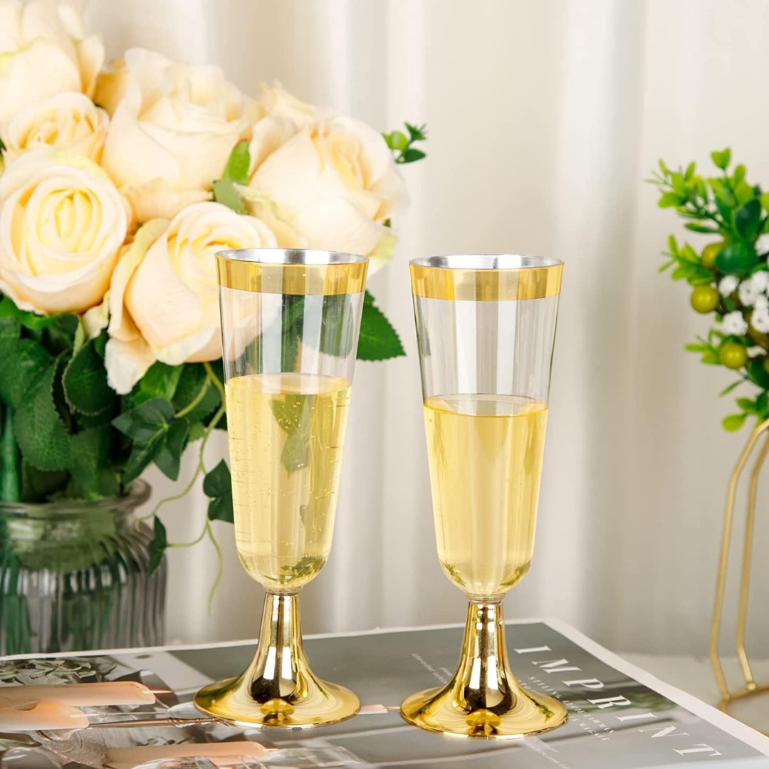 4.5oz Plastic 2-Pcs Champagne Flutes With Gold Rim & Bottom Champagne Flutes Lillian Tablesettings