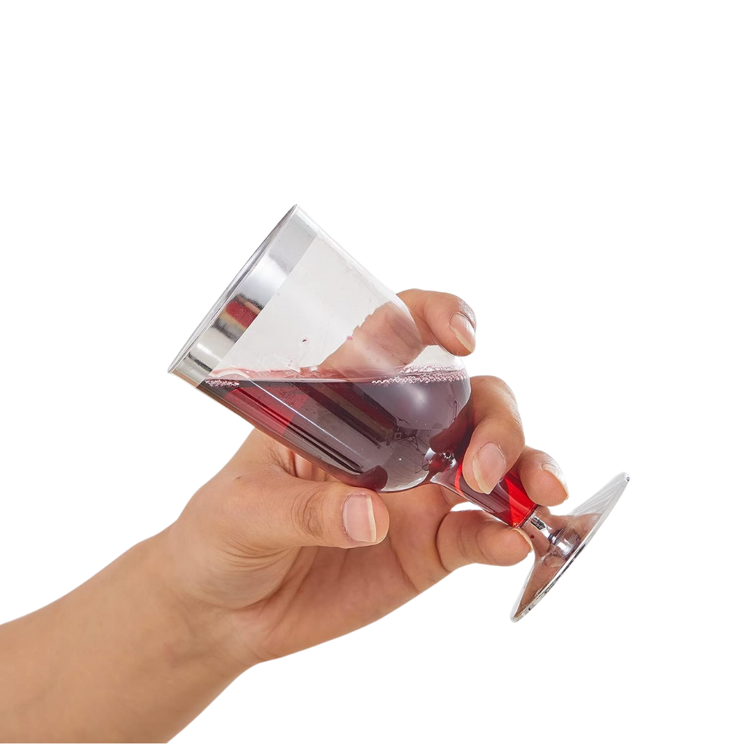 6.5oz Plastic 2-Pcs Wine Cups With Silver Rim & Bottom Champagne Glasses Lillian Tablesettings