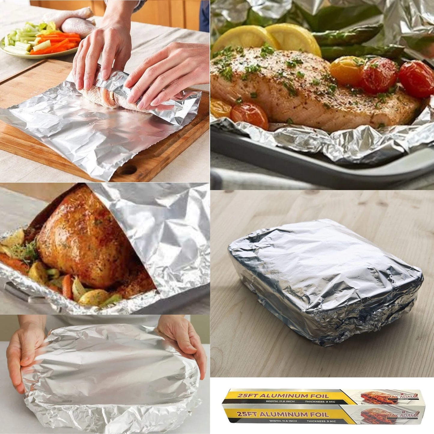 Aluminum foil being used for cooking and wrapping food on a kitchen counter.