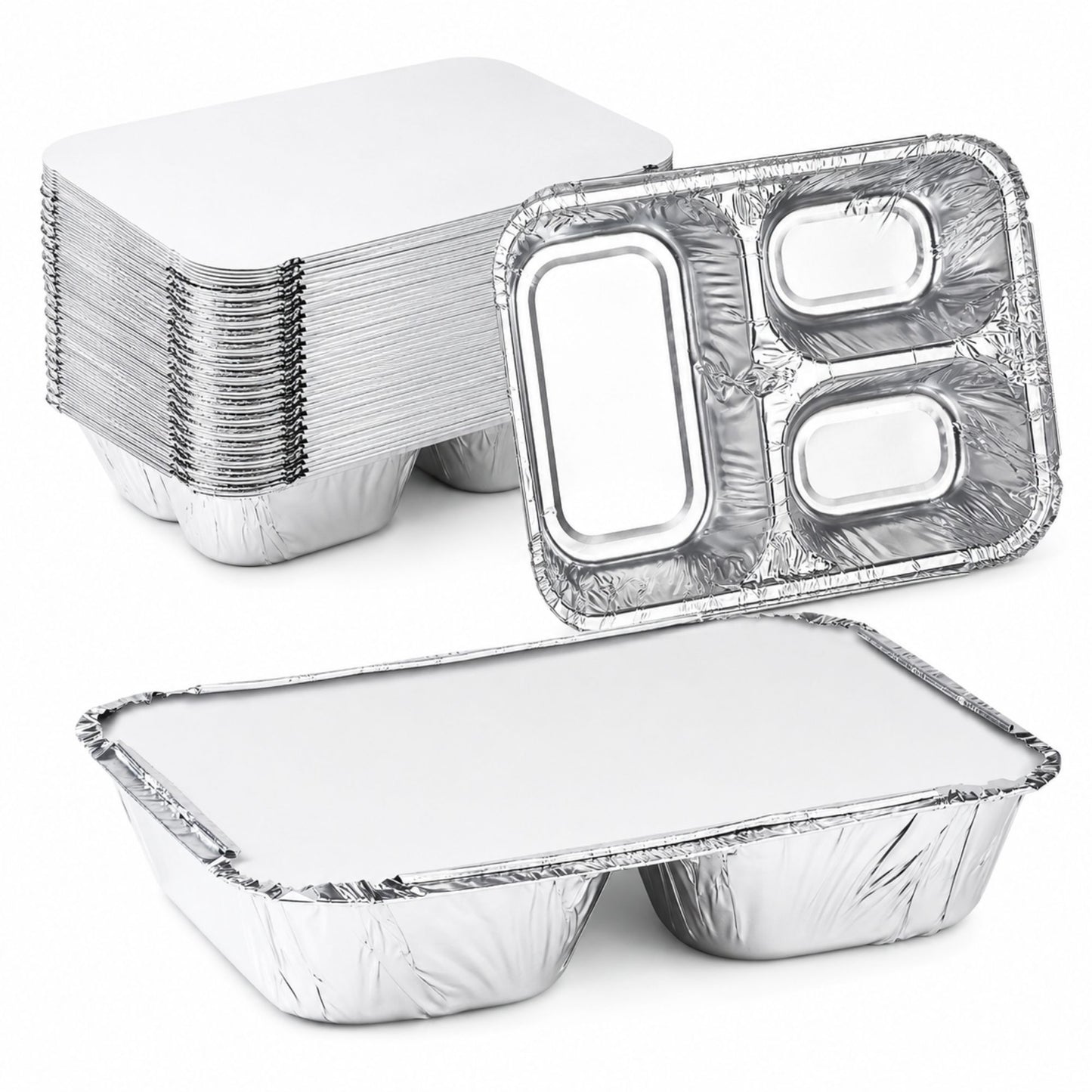 WHOLESALE 3 Compartment Aluminum Disposable Foil Pan/Tray with Board Lids 250/Case Take-Out Containers VeZee