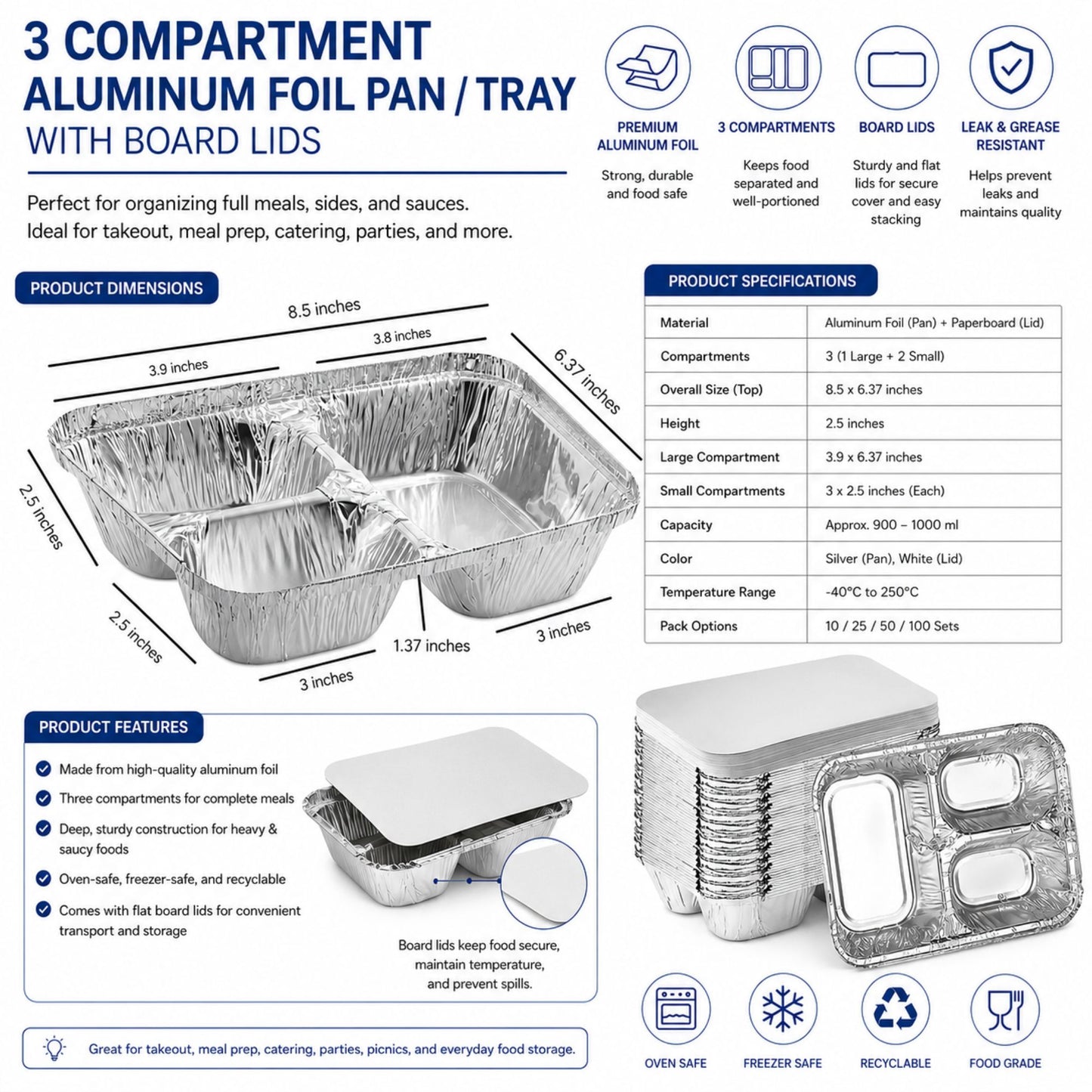 WHOLESALE 3 Compartment Aluminum Disposable Foil Pan/Tray with Board Lids 250/Case Take-Out Containers VeZee