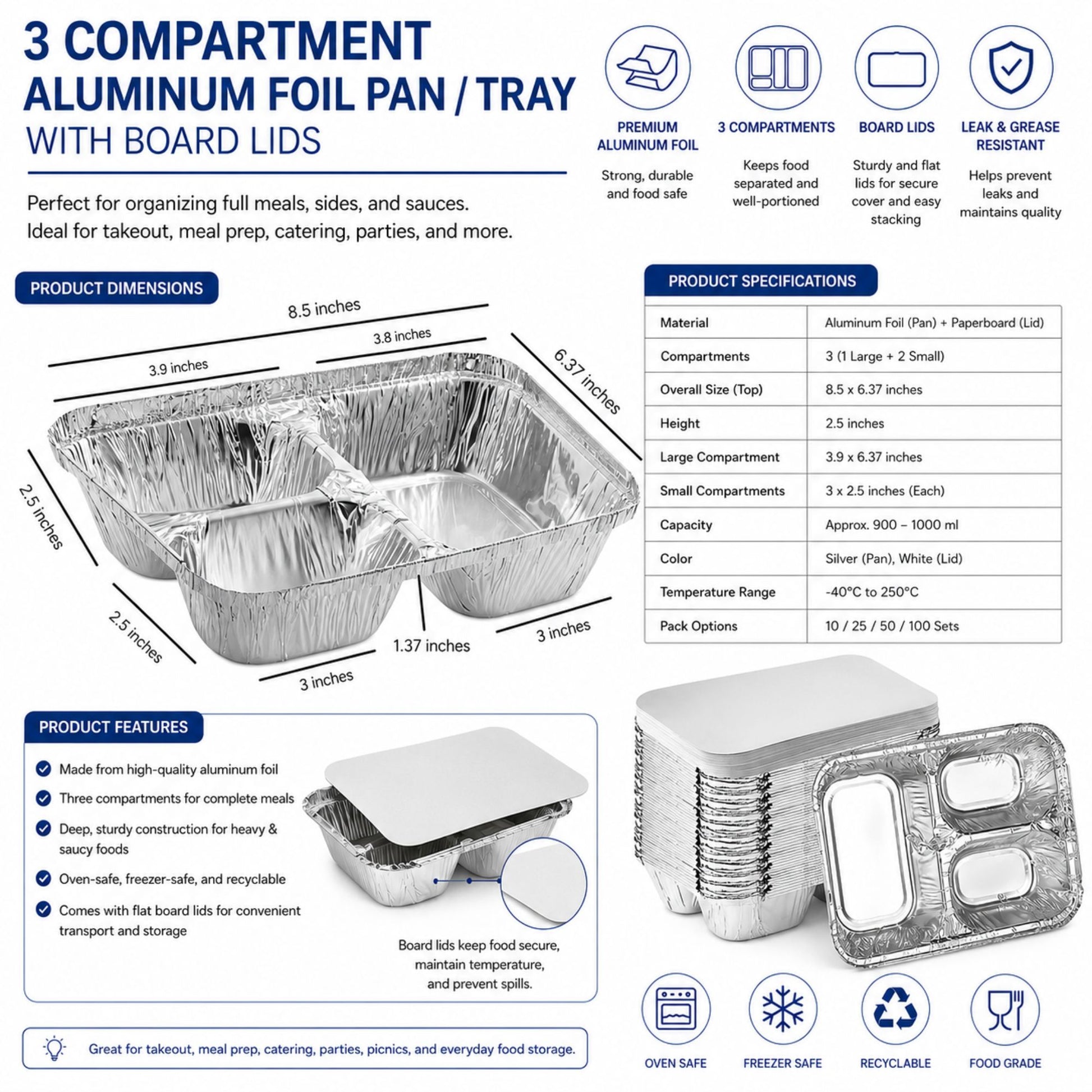 WHOLESALE 3 Compartment Aluminum Disposable Foil Pan/Tray with Board Lids 250/Case Take-Out Containers VeZee