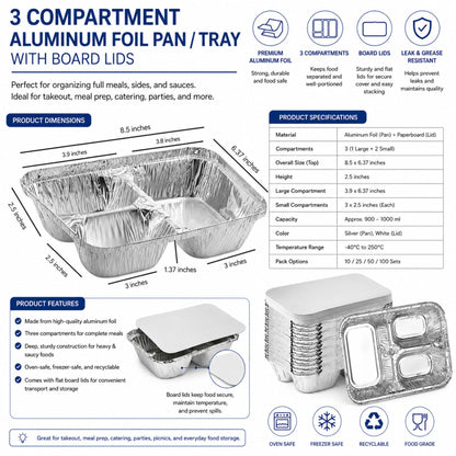 WHOLESALE 3 Compartment Aluminum Disposable Foil Pan/Tray with Board Lids 250/Case Take-Out Containers VeZee