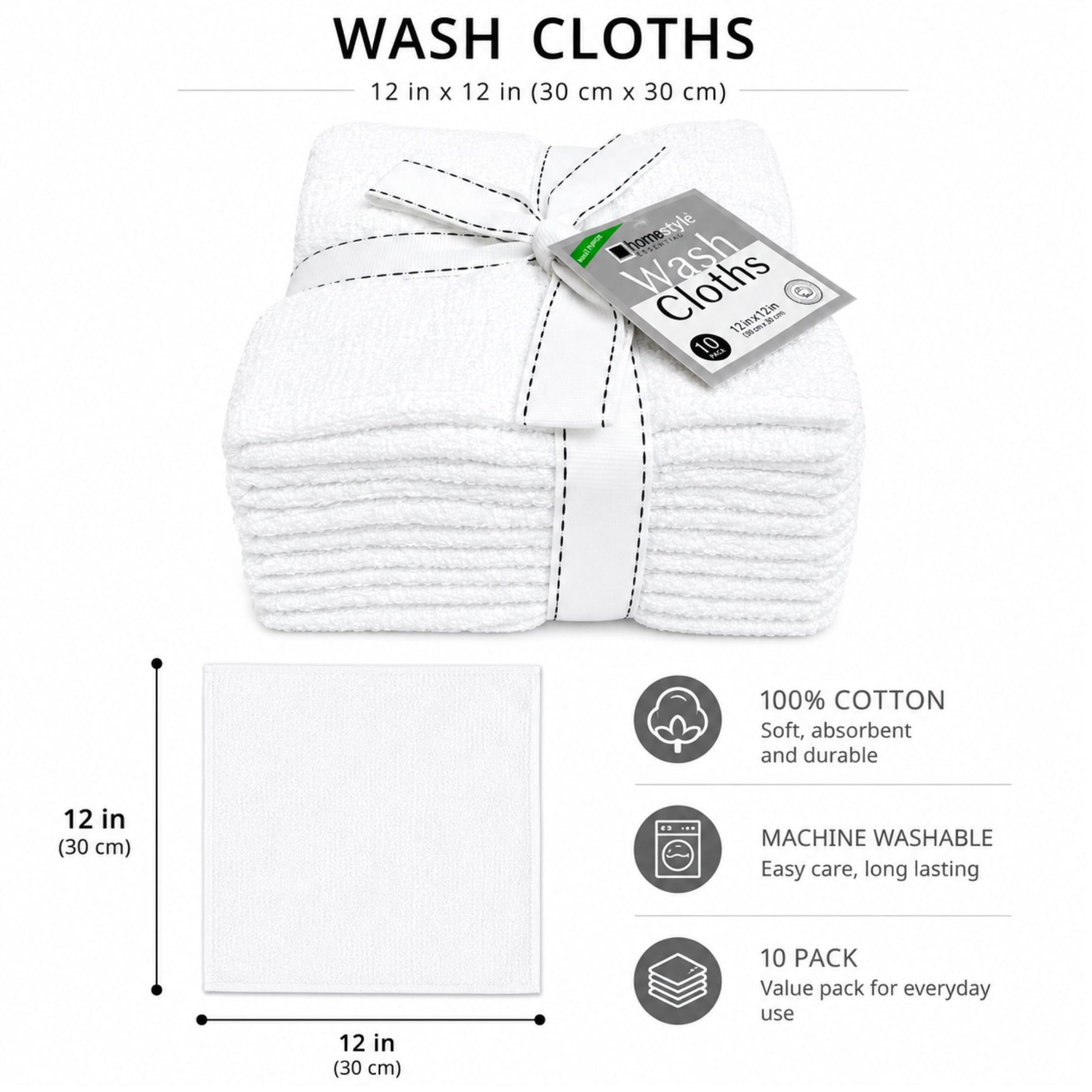 Wash Cloths 12"x12" 100% Cotton White 10 Pack Washcloths VeZee