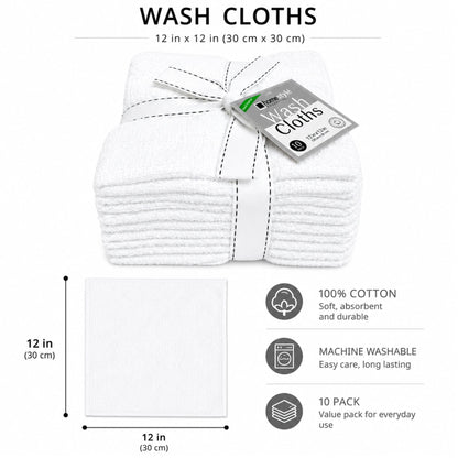 Wash Cloths 12"x12" 100% Cotton White 10 Pack Washcloths VeZee