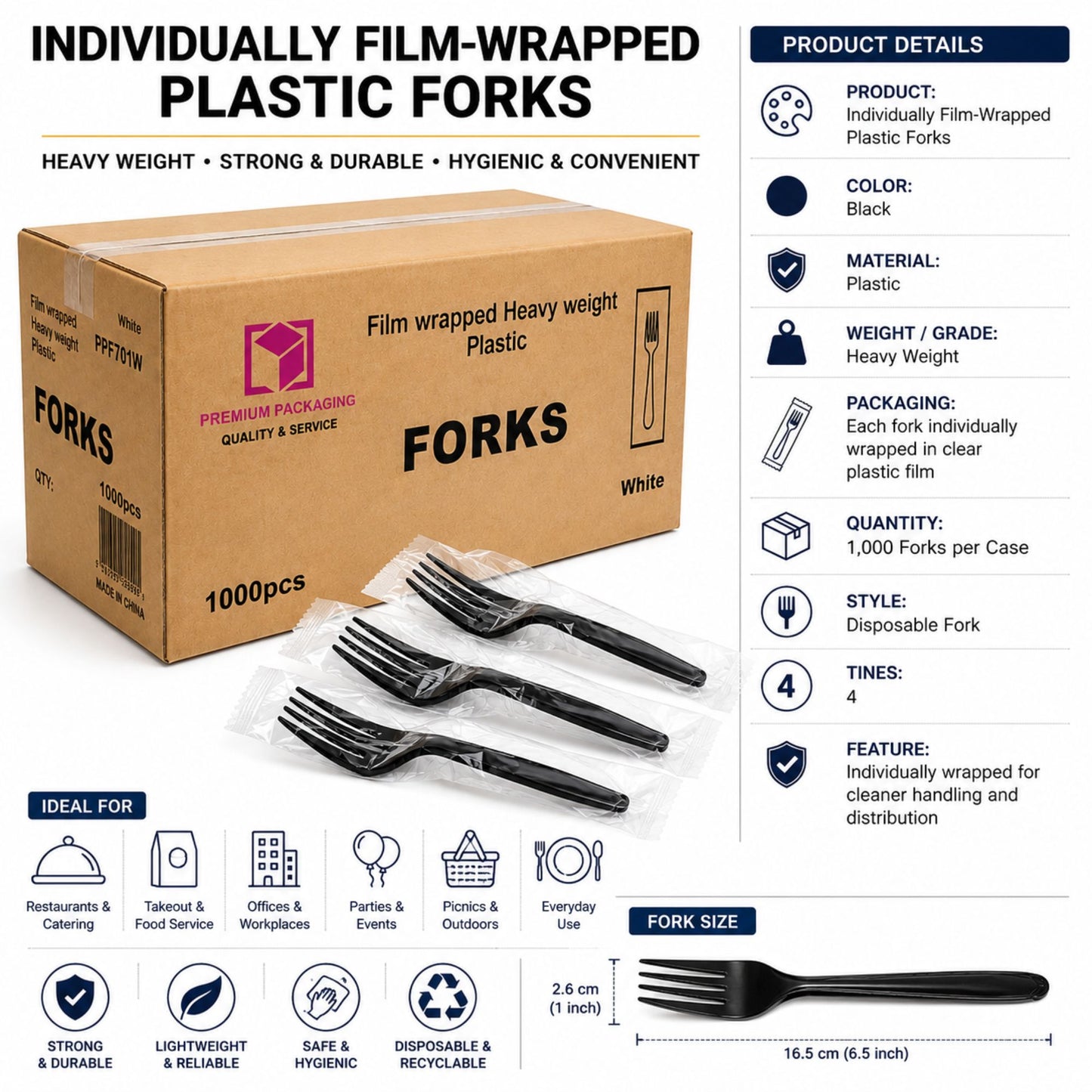 *WHOLESALE* Black Fork Wrapped Heavy Weight Plastic Disposable 1000/Case Disposable Forks VeZee
