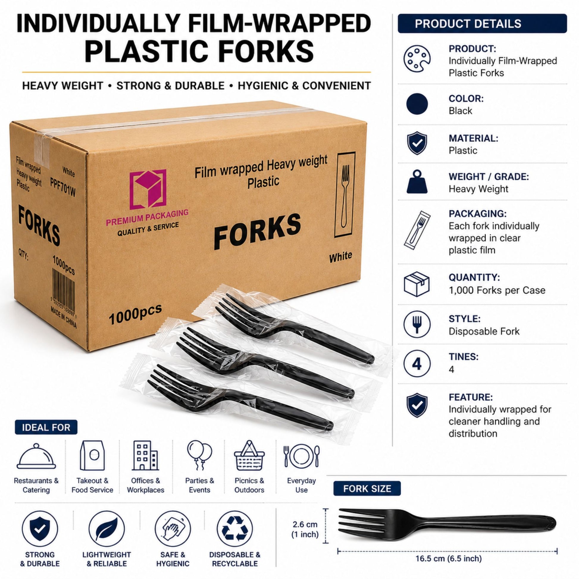 *WHOLESALE* Black Fork Wrapped Heavy Weight Plastic Disposable 1000/Case Disposable Forks VeZee