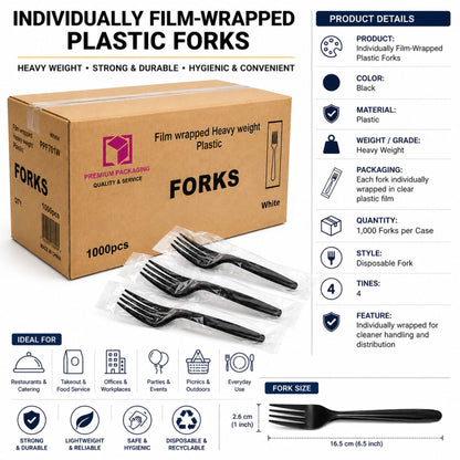 *WHOLESALE* Black Fork Wrapped Heavy Weight Plastic Disposable 1000/Case Disposable Forks VeZee