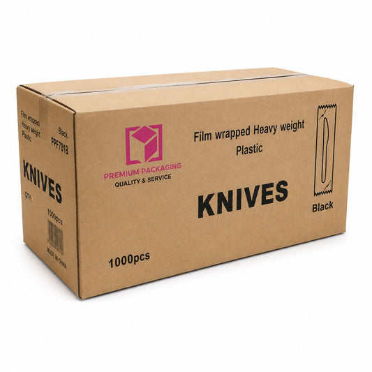 *WHOLESALE* Knives Wrapped Heavy Weight Black Plastic Disposable 1000/Case VeZee