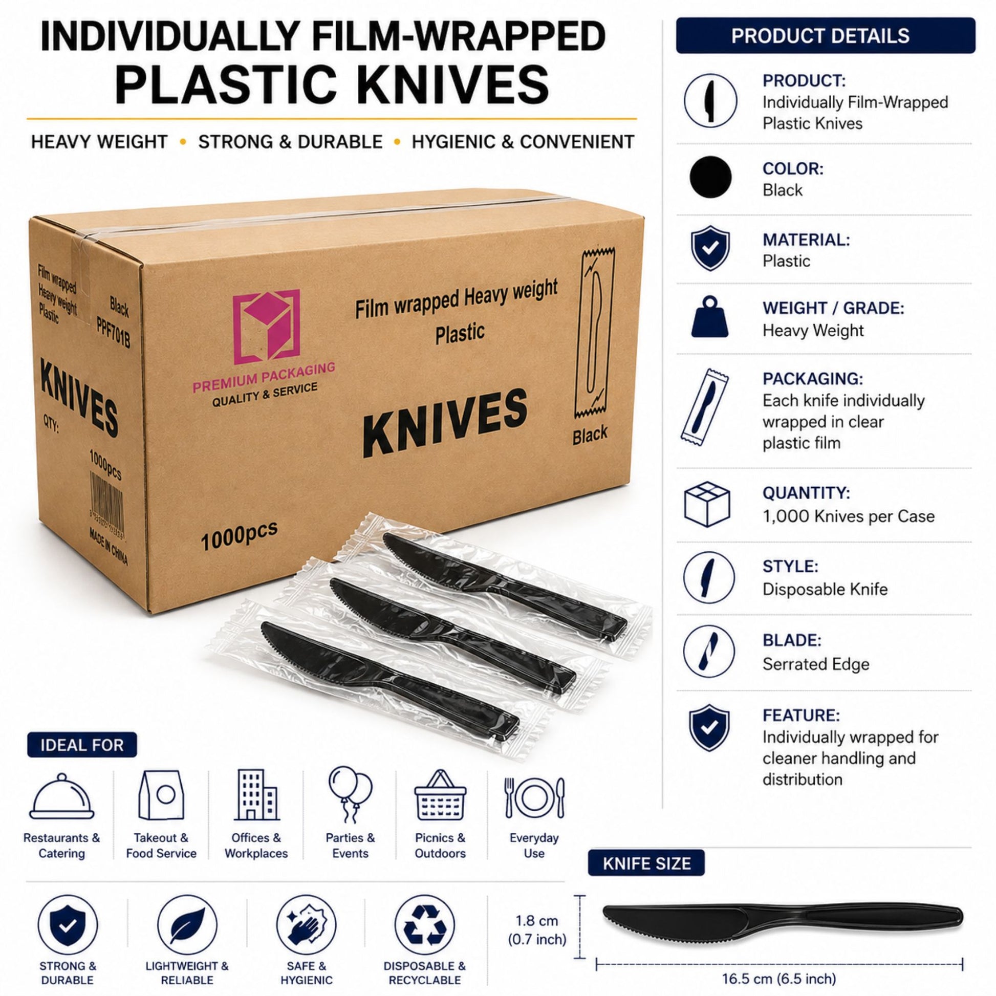 *WHOLESALE* Knives Wrapped Heavy Weight Black Plastic Disposable 1000/Case VeZee