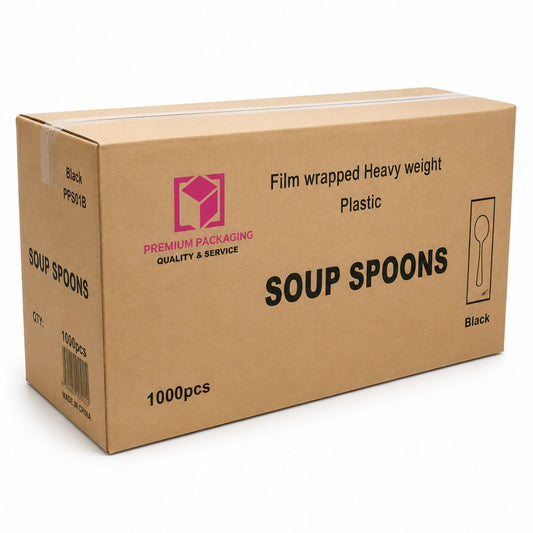 *WHOLESALE* Soup Spoon Wrapped Heavy Weight Black Plastic Disposable 1000/Case VeZee