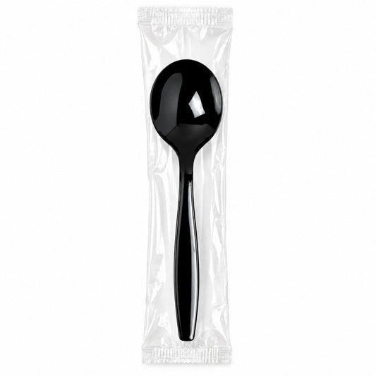 *WHOLESALE* Soup Spoon Wrapped Heavy Weight Black Plastic Disposable 1000/Case VeZee