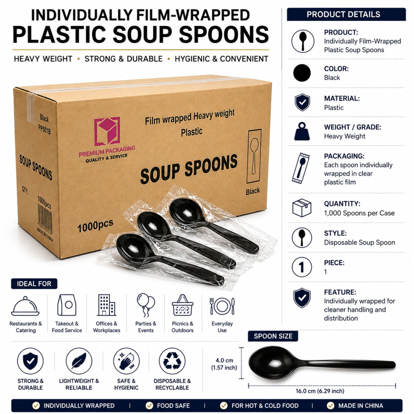 *WHOLESALE* Soup Spoon Wrapped Heavy Weight Black Plastic Disposable 1000/Case VeZee