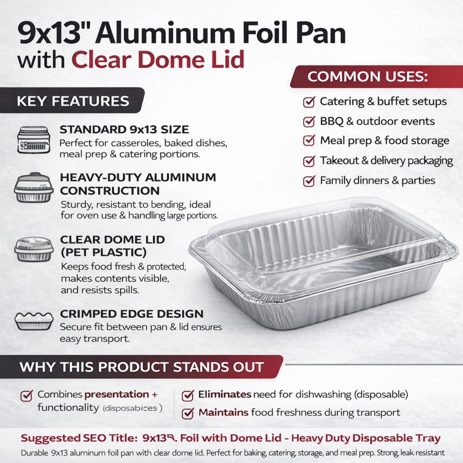 9×13 Half Size Heavy Weight Aluminum Pans with Dome lids Disposable Roasting Pans JetFoil