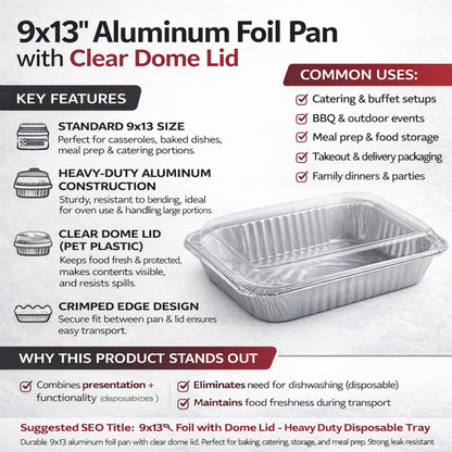 9×13 Half Size Heavy Weight Aluminum Pans with Dome lids Disposable Roasting Pans JetFoil