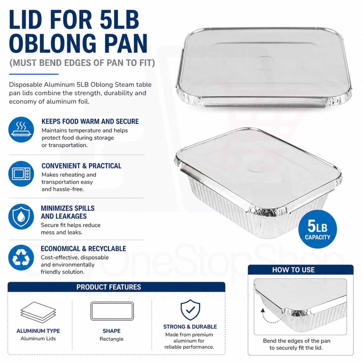 *WHOLESALE* 5LB Oblong Aluminum Lid (Must bend edges of pan to fit) 250/Case Disposable Lids VeZee