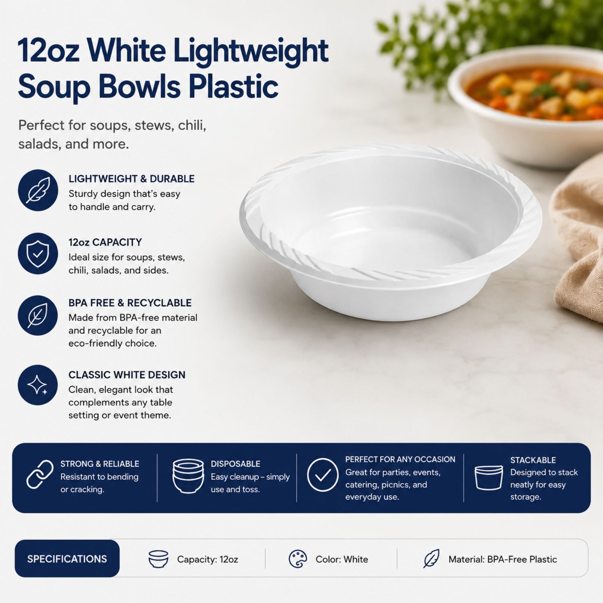 *WHOLESALE* 12ozWhite Dessert Bowls Lightweight Plastic 800/case Bowls VeZee