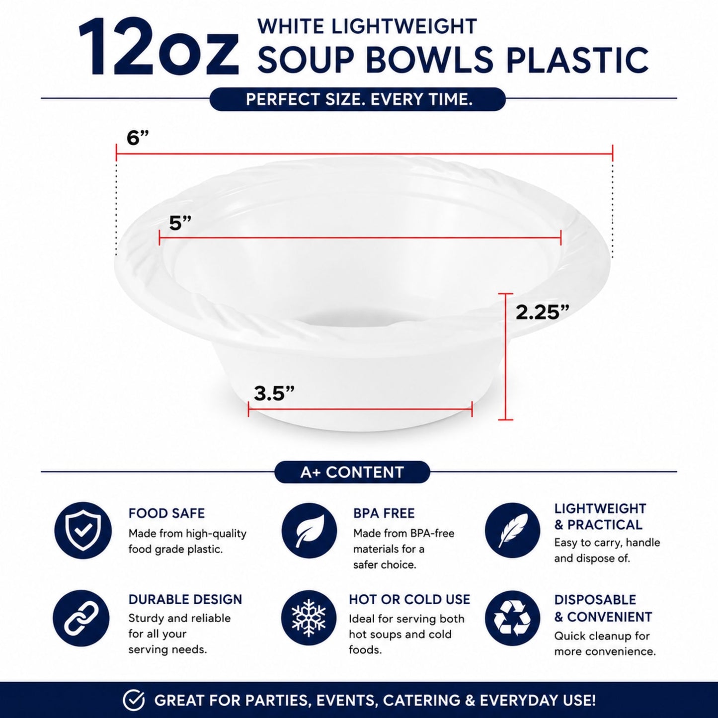 *WHOLESALE* 12ozWhite Dessert Bowls Lightweight Plastic 800/case Bowls VeZee