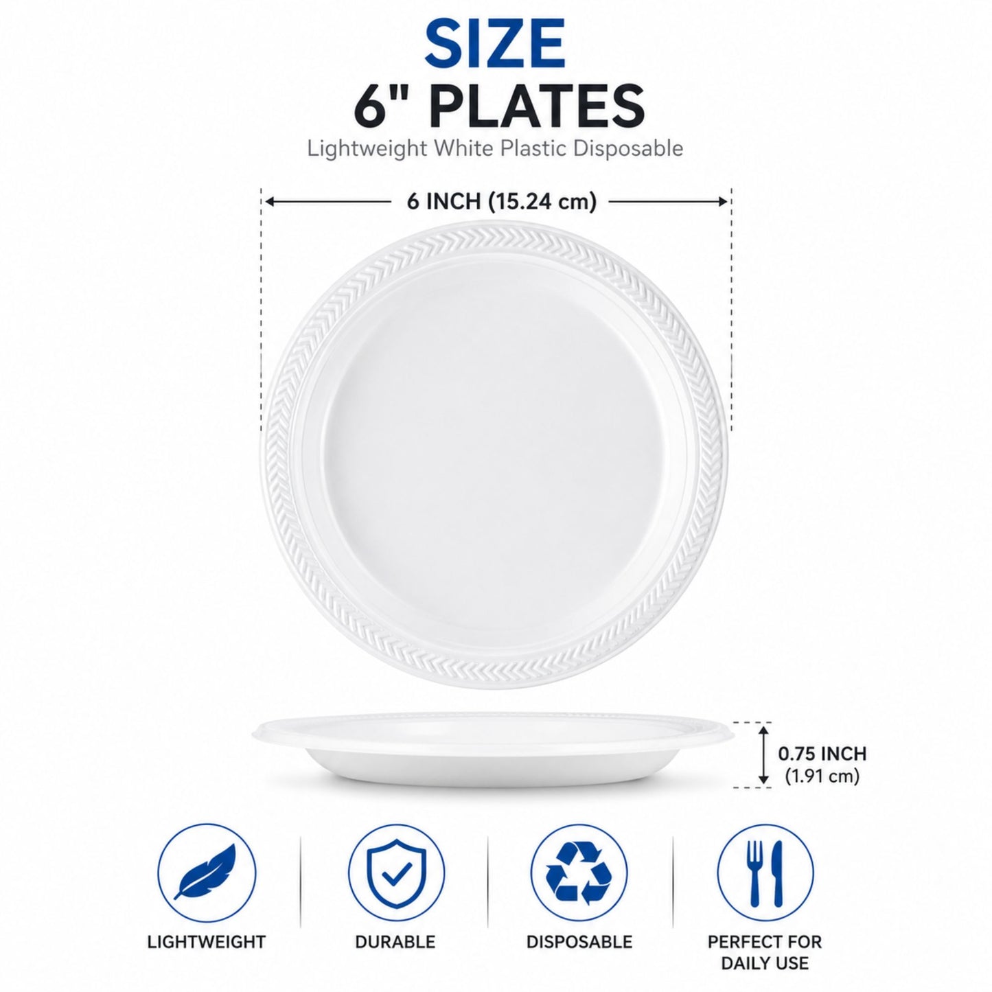 *BUY BULK* 6" plates Lightweight White Plastic Disposable Disposable Plates Blue Sky