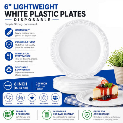 *BUY BULK* 6" plates Lightweight White Plastic Disposable Disposable Plates Blue Sky