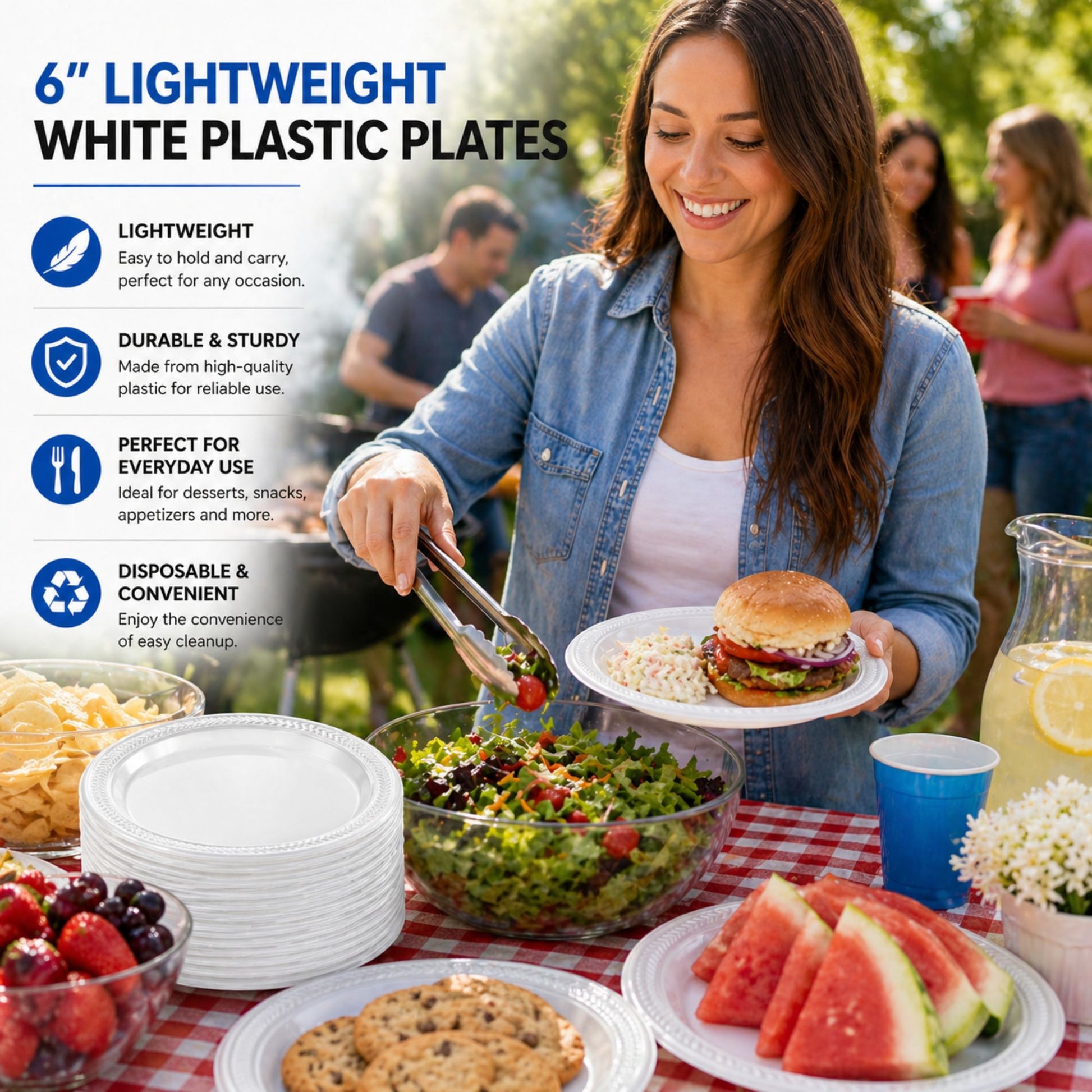 *BUY BULK* 6" plates Lightweight White Plastic Disposable Disposable Plates Blue Sky