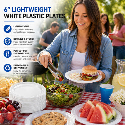*BUY BULK* 6" plates Lightweight White Plastic Disposable Disposable Plates Blue Sky