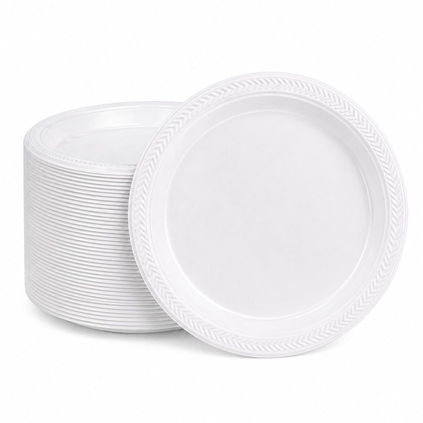 Stack of white plastic plates on a white background