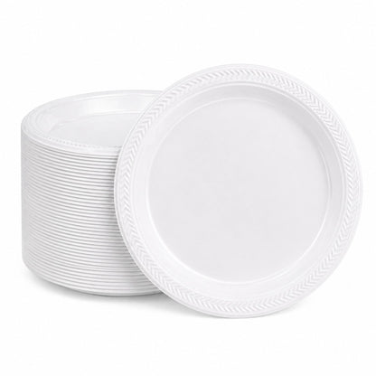 Stack of white plastic plates on a white background