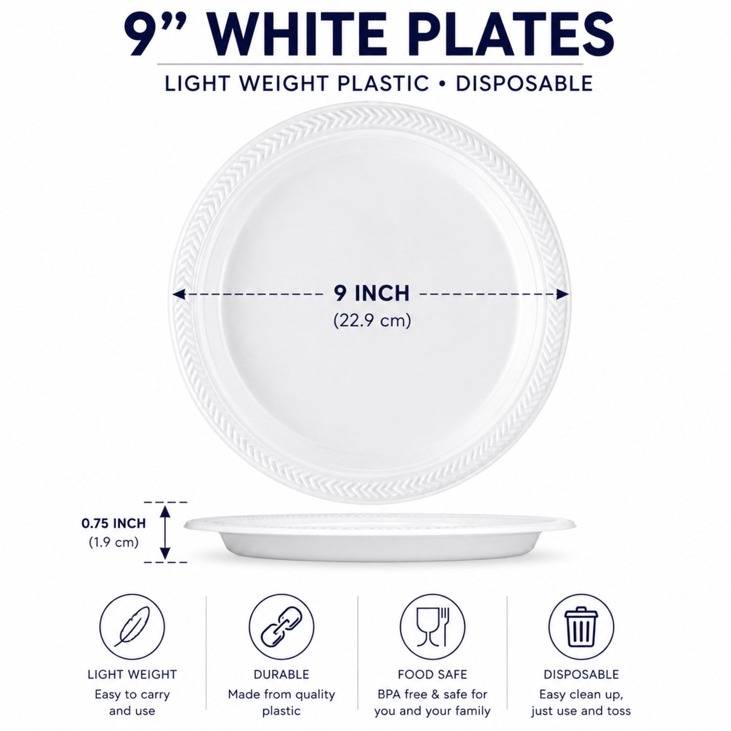 9-inch white disposable plastic plate with dimensions and safety features on a white background