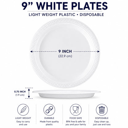 9-inch white disposable plastic plate with dimensions and safety features on a white background