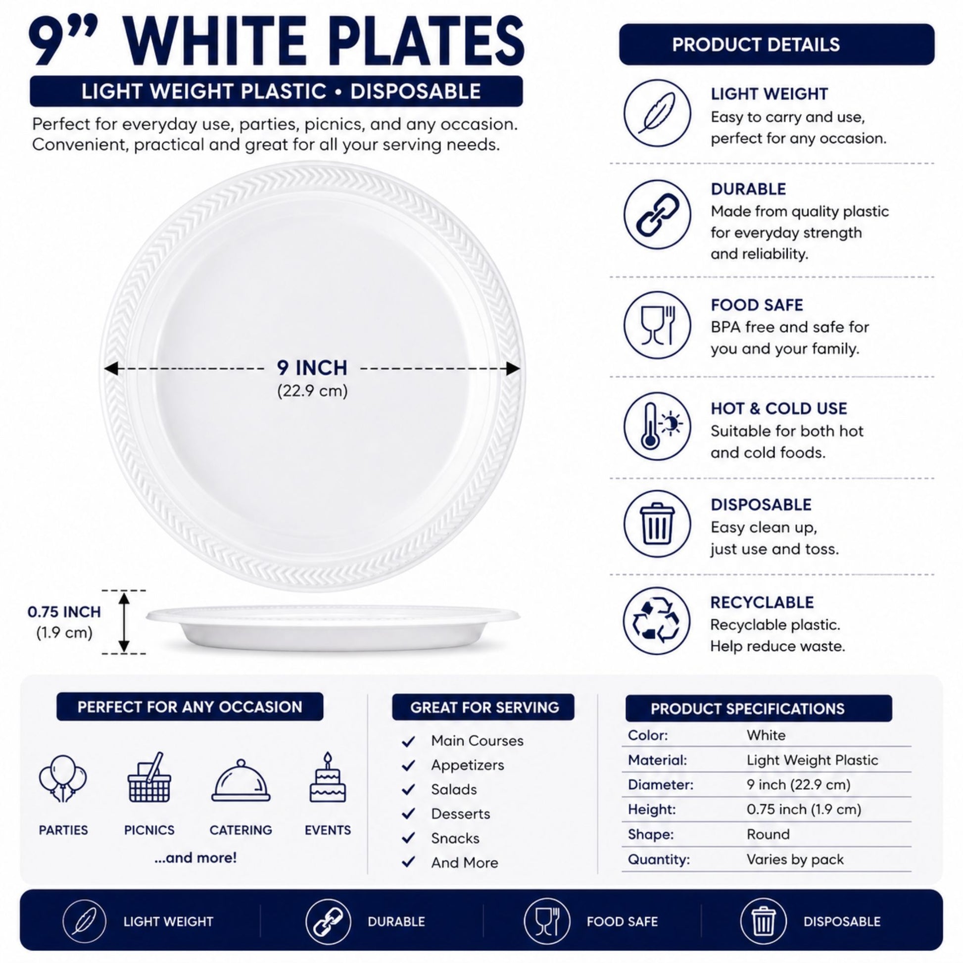 9-inch white disposable plates with product details on a white background