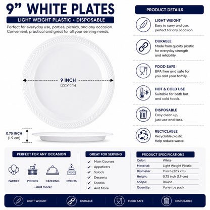 9-inch white disposable plates with product details on a white background