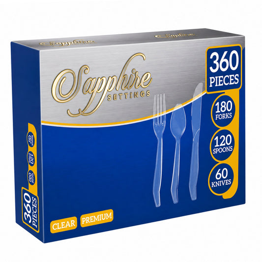 360 Piece Clear Plastic Cutlery Set Forks Spoons Knives Premium Disposable Disposable Cutlery Set Sapphire