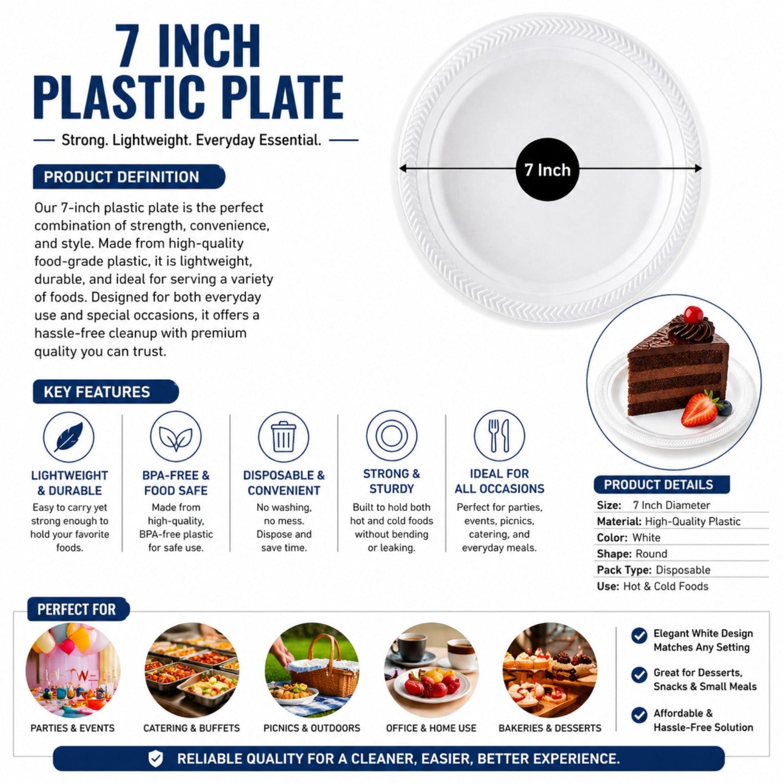*WHOLESALE* 7" Lightweight White Salad Plates Disposable Plastic 800/Case Blue Sky