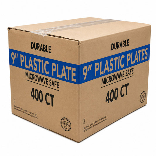 Cardboard box of durable 9-inch plastic plates with microwave-safe feature, labeled '400 CT'.
