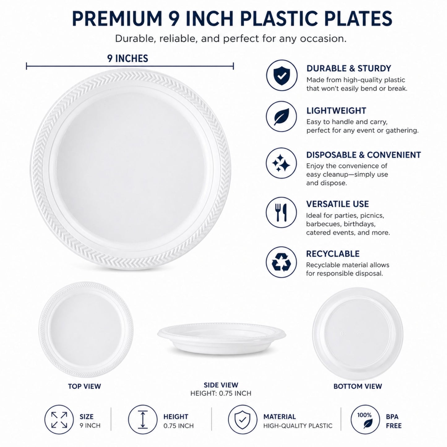 *WHOLESALE* 9" Lightweight White Dinner Plates Disposable Plastic 400/Case Blue Sky