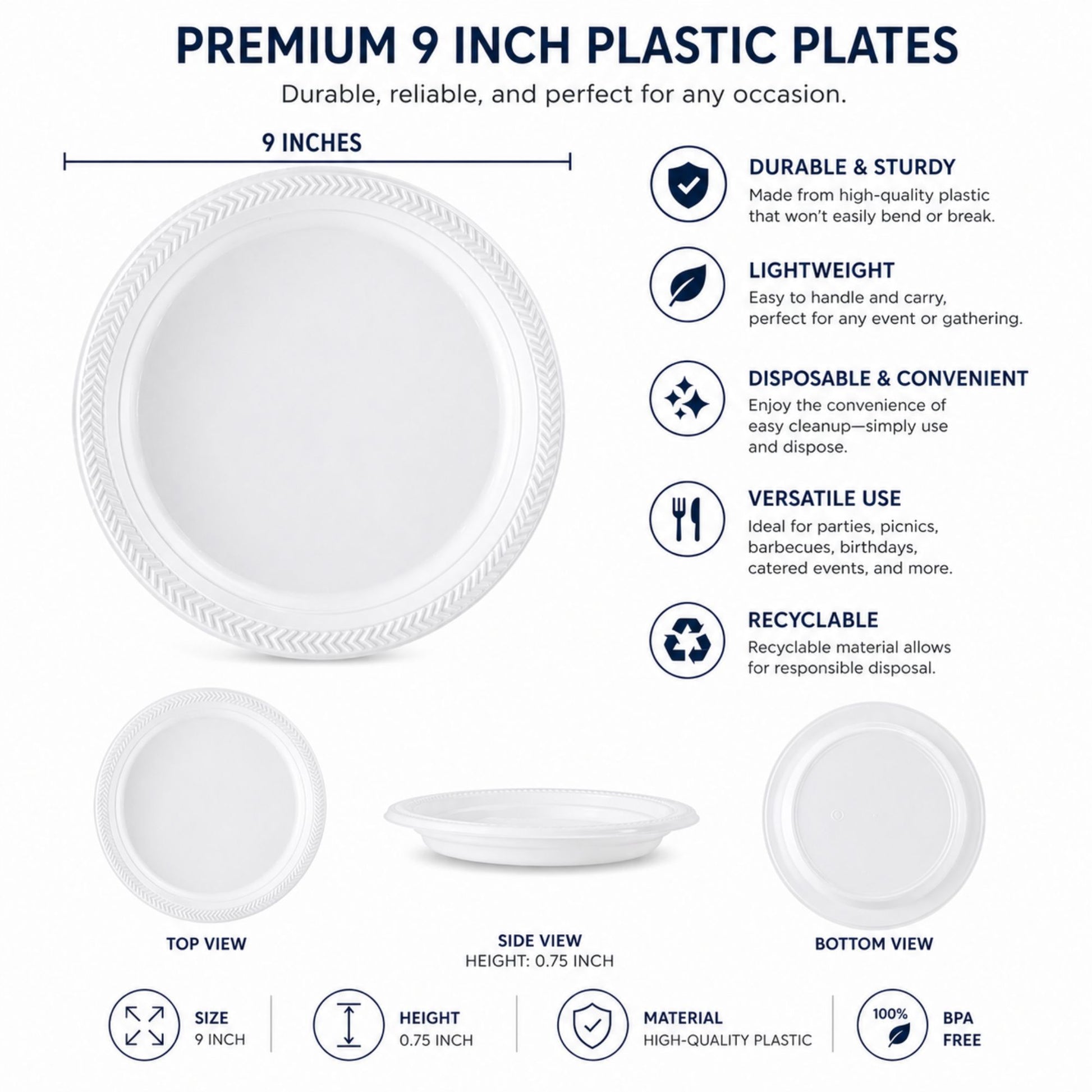 *WHOLESALE* 9" Lightweight White Dinner Plates Disposable Plastic 400/Case Blue Sky