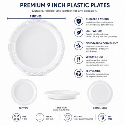*WHOLESALE* 9" Lightweight White Dinner Plates Disposable Plastic 400/Case Blue Sky