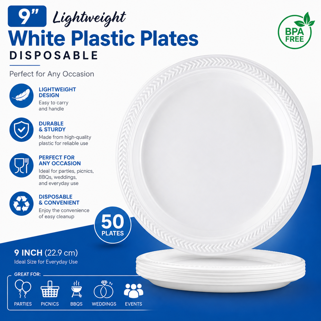 *WHOLESALE* 9" Lightweight White Dinner Plates Disposable Plastic 400/Case Blue Sky