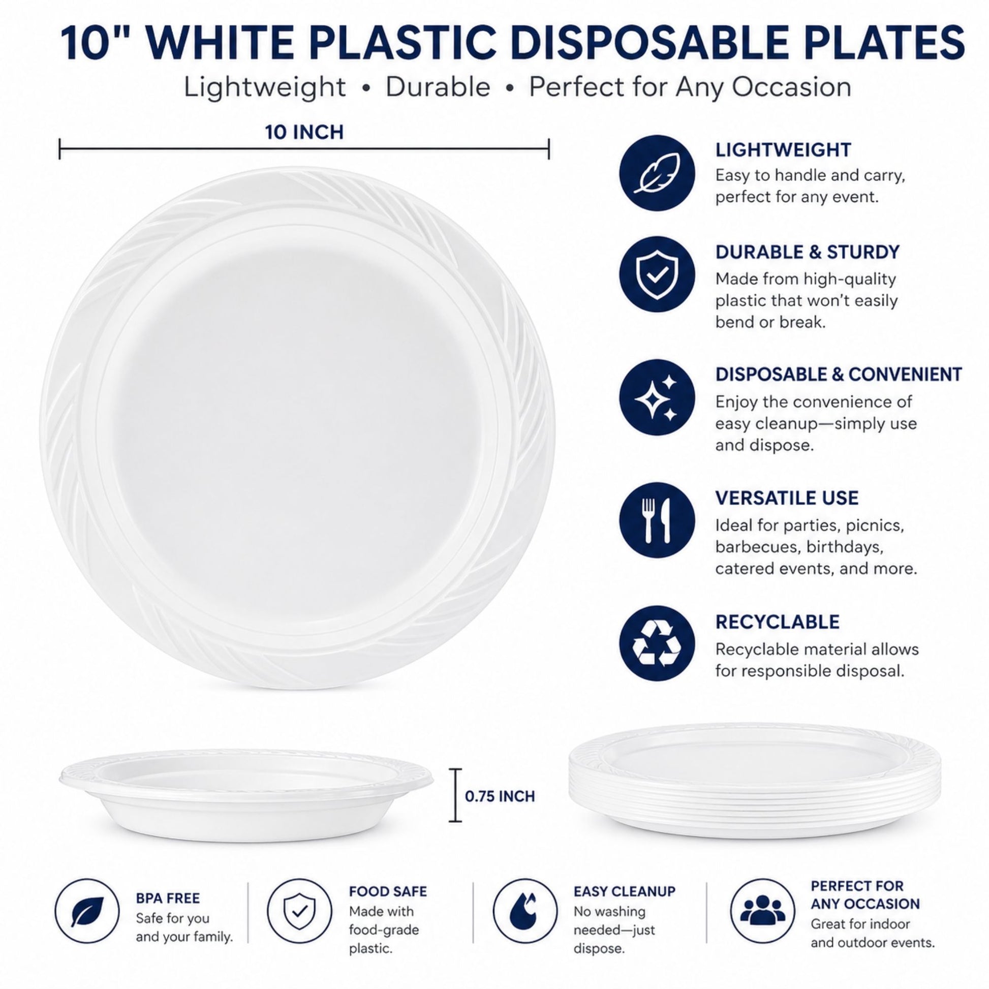 *WHOLESALE* 10" Lightweight White Dinner Plates Disposable Plastic 400/Case Blue Sky
