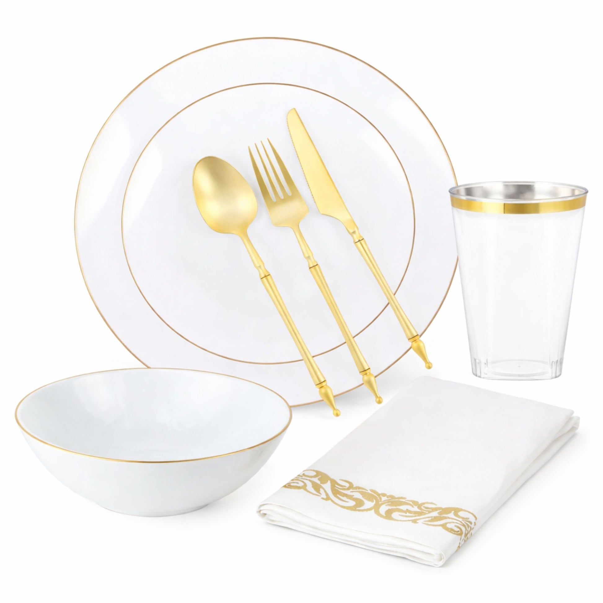 White With Gold Rim Plastic Dinnerware Set- Elegant Party Pack-Organic Disposable Tableware Decorline