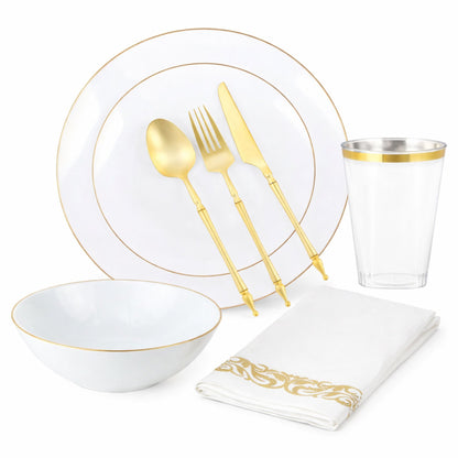 White With Gold Rim Plastic Dinnerware Set- Elegant Party Pack-Organic Disposable Tableware Decorline