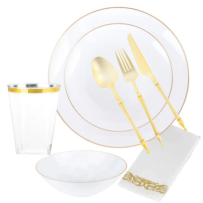 White With Gold Rim Plastic Dinnerware Set- Value Pack-Organic Disposable Tableware Decorline