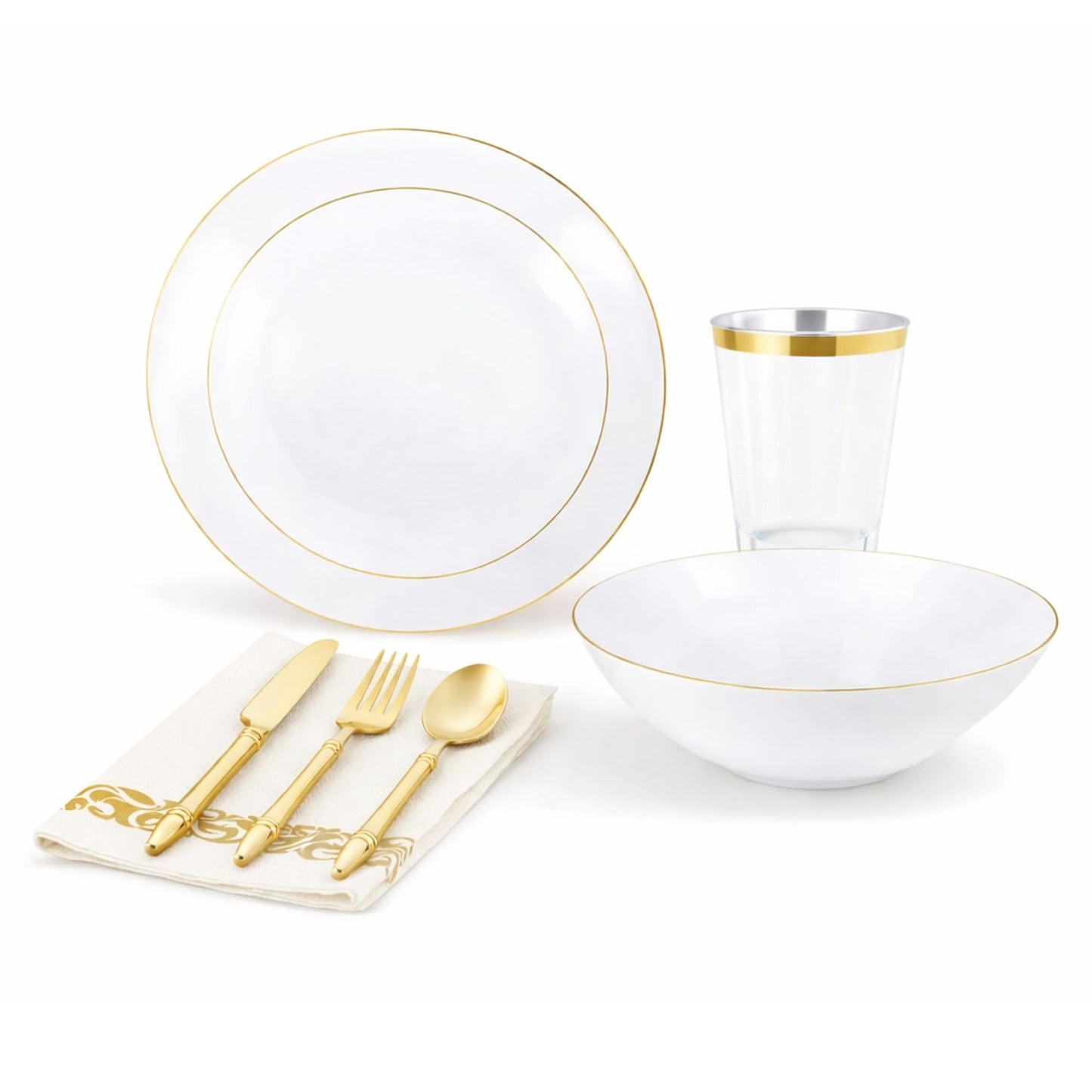 White With Gold Rim Plastic Dinnerware Set- Value Pack-Organic Disposable Tableware Decorline