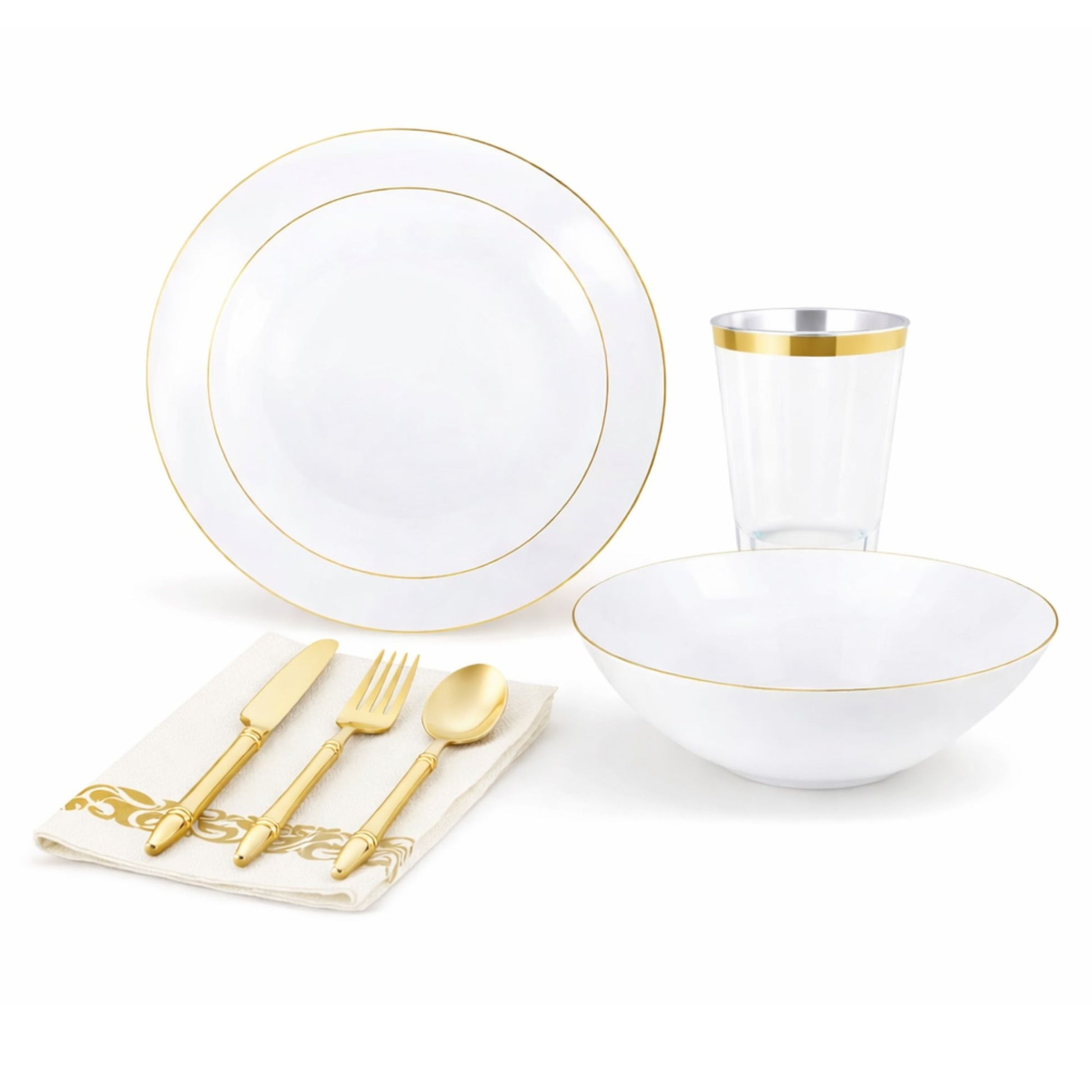 White With Gold Rim Plastic Dinnerware Set- Value Pack-Organic Disposable Tableware Decorline