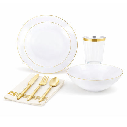 White With Gold Rim Plastic Dinnerware Set- Value Pack-Organic Disposable Tableware Decorline